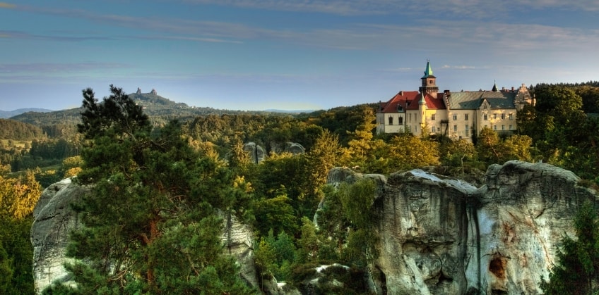 View from the rocktown Hruboskalsko to the castle Hruba Skala and ruin Trosky